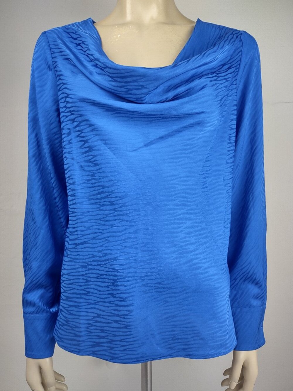 NWT White House Black Market blue long sleeve jacquard drape neck blouse Small